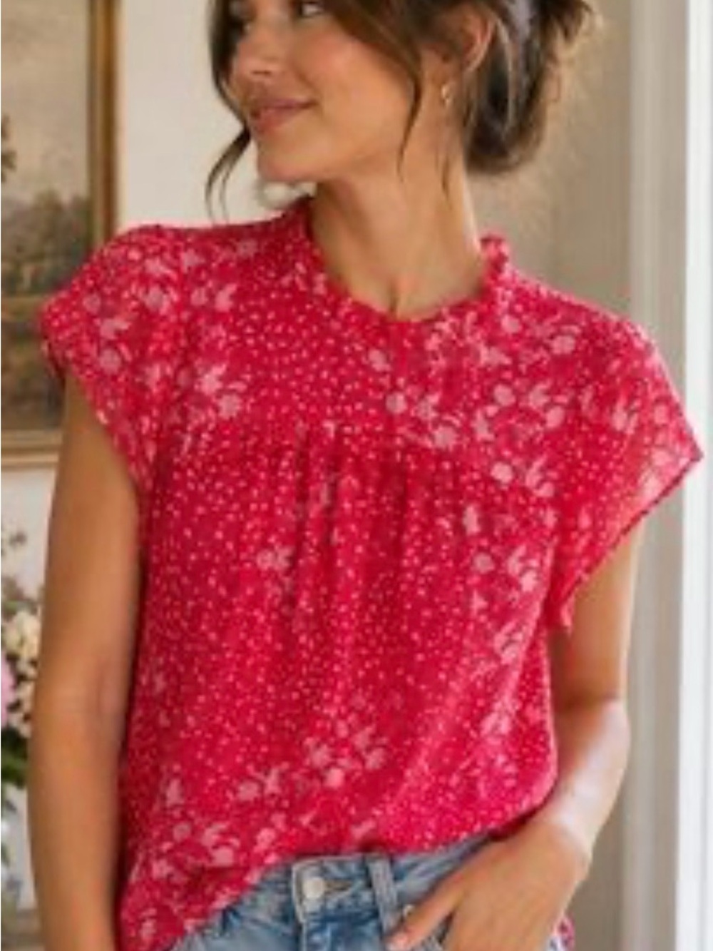 Women's Red Floral Cap-Sleeve Blouse